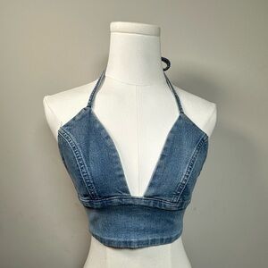 SHEIN Denim Halter Top – Tie Neck & Zip Back – Women’s M